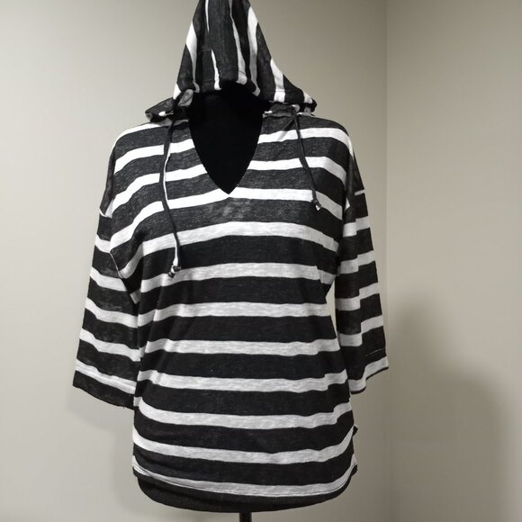 POOF NY BLACK AND WHITE HORIZONTAL STRIPE HOODED TOP WOMEN SIZE S - Picture 1 of 8